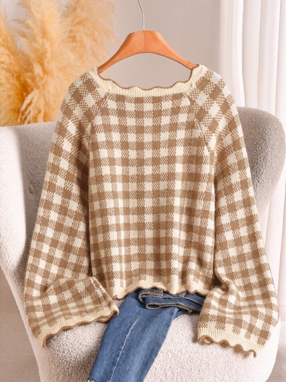 Apricot Casual Women's Plus Size Plaid Long Sleeve Sweater - Picture 2 of 6